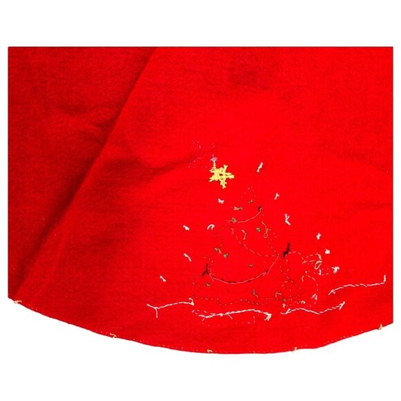 Vtg Red Felt Christmas Tree Skirt 34" Snowman Reindeer Sequin Embroidery Decor - Picture 9 of 12